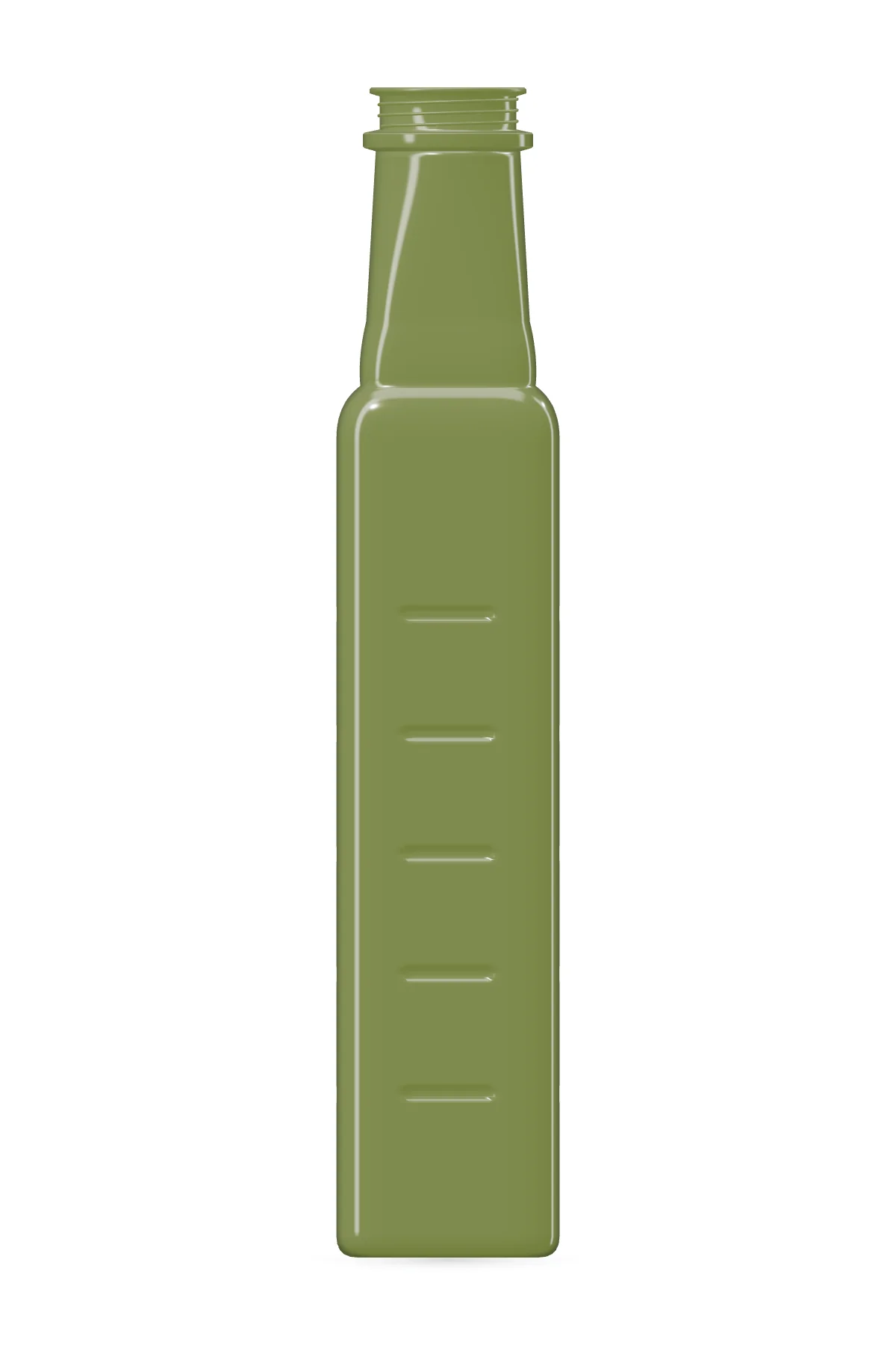 Illustrative render · MARKA 250 ml, olive green, without cap — Front · Indicative proportions